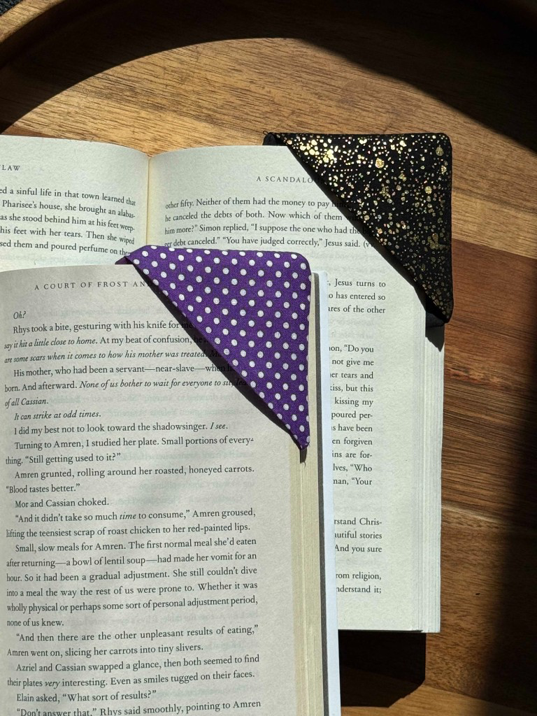 Colorful handmade fabric corner bookmarks in assorted patterns